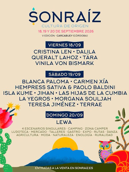 Sonraíz 2026 desvela su cartel por días y pone a la venta las entradas individuales para una experiencia única en la Subbética cordobesa